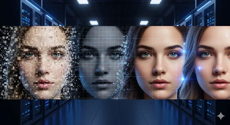 Faces rendered at increasing detail across a GPU cluster
